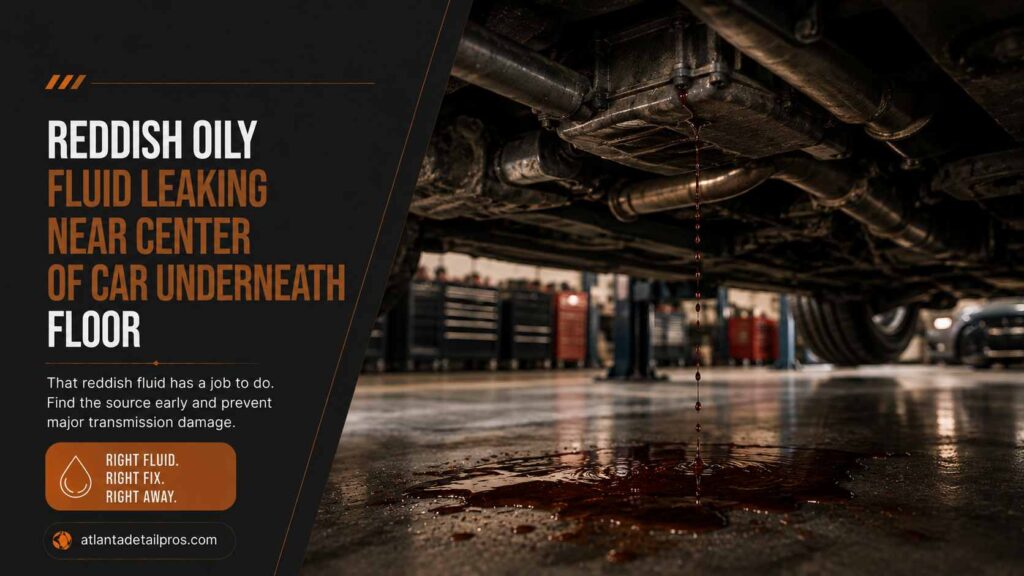 reddish oily fluid leaking near center of car underneath floor