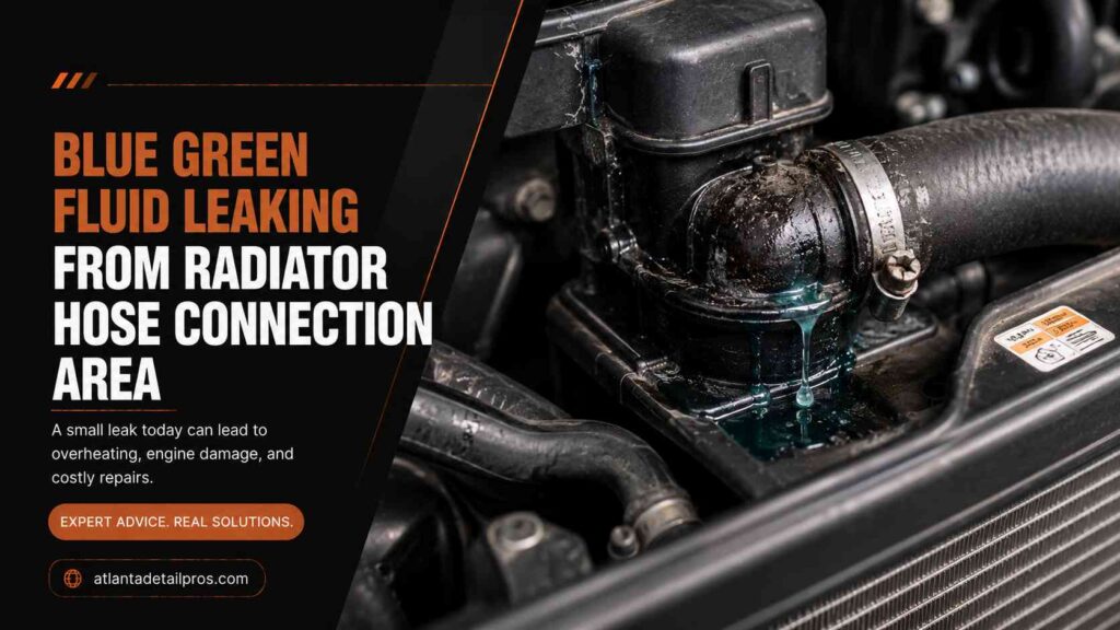 blue green fluid leaking from radiator hose connection area